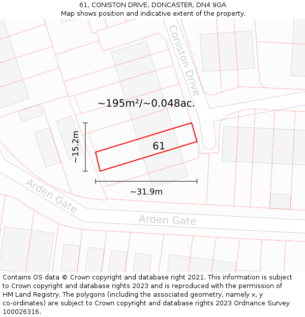 61, CONISTON DRIVE, DONCASTER, DN4 9GA: Plot and title map