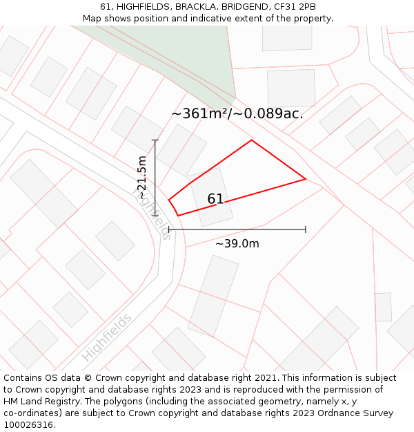 61, HIGHFIELDS, BRACKLA, BRIDGEND, CF31 2PB: Plot and title map