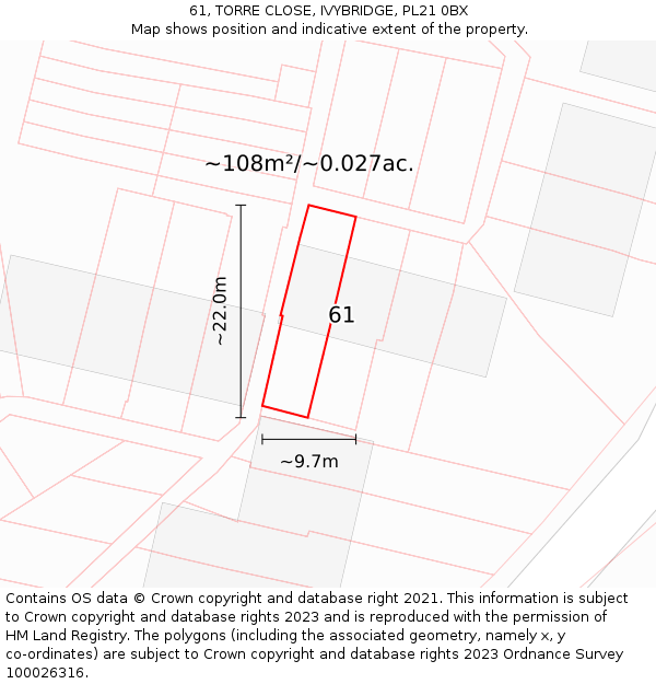 61, TORRE CLOSE, IVYBRIDGE, PL21 0BX: Plot and title map