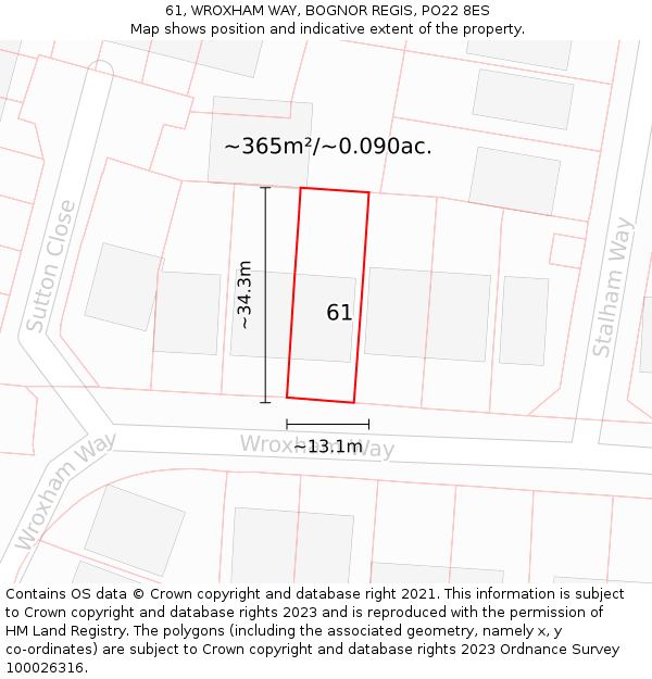 61, WROXHAM WAY, BOGNOR REGIS, PO22 8ES: Plot and title map
