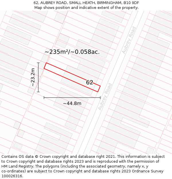 62, AUBREY ROAD, SMALL HEATH, BIRMINGHAM, B10 9DF: Plot and title map