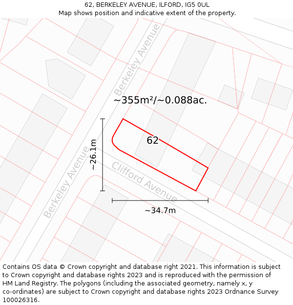 62, BERKELEY AVENUE, ILFORD, IG5 0UL: Plot and title map