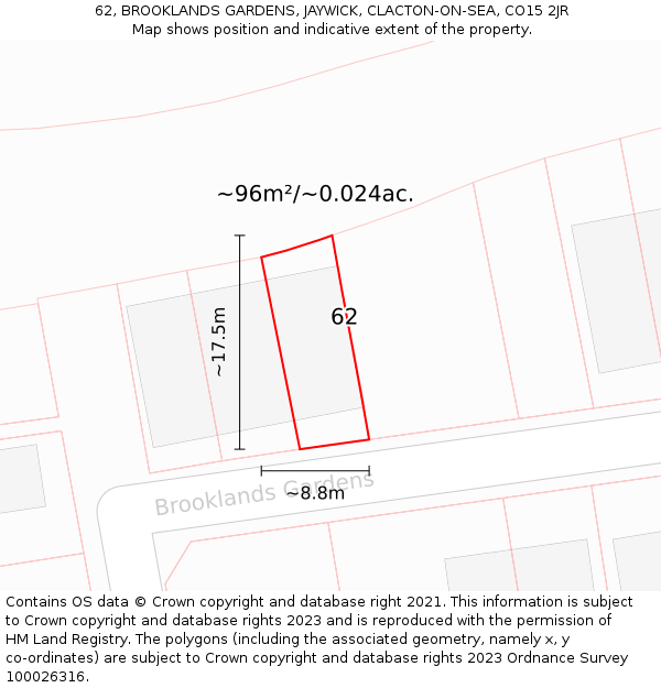 62, BROOKLANDS GARDENS, JAYWICK, CLACTON-ON-SEA, CO15 2JR: Plot and title map