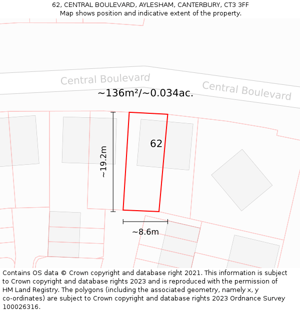 62, CENTRAL BOULEVARD, AYLESHAM, CANTERBURY, CT3 3FF: Plot and title map