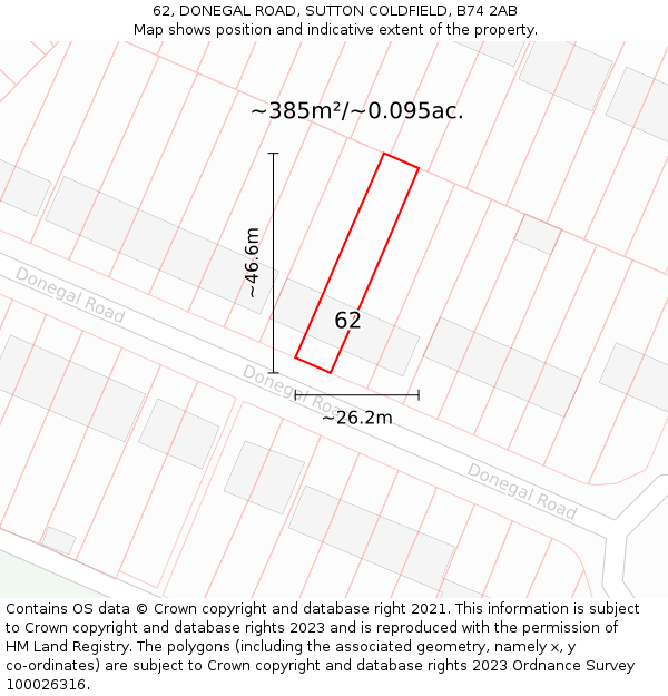 62, DONEGAL ROAD, SUTTON COLDFIELD, B74 2AB: Plot and title map