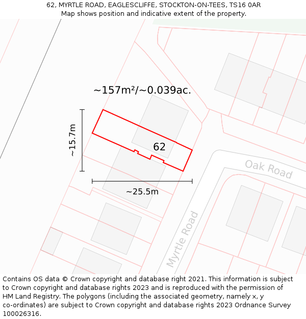 62, MYRTLE ROAD, EAGLESCLIFFE, STOCKTON-ON-TEES, TS16 0AR: Plot and title map