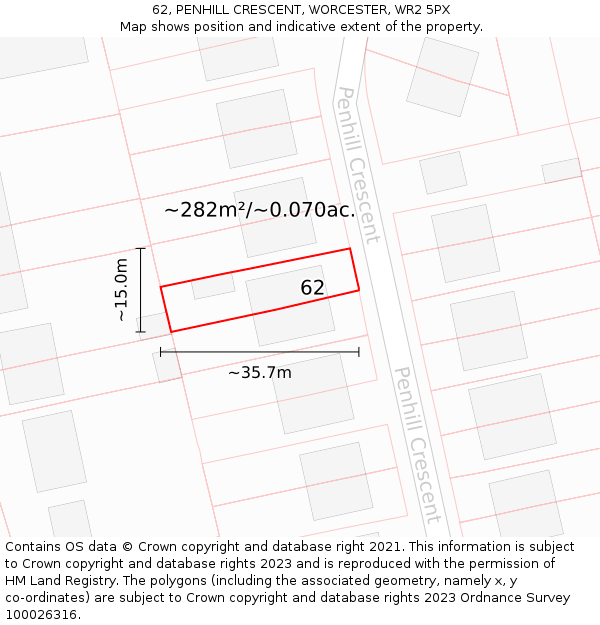 62, PENHILL CRESCENT, WORCESTER, WR2 5PX: Plot and title map