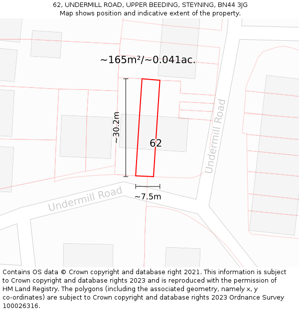 62, UNDERMILL ROAD, UPPER BEEDING, STEYNING, BN44 3JG: Plot and title map
