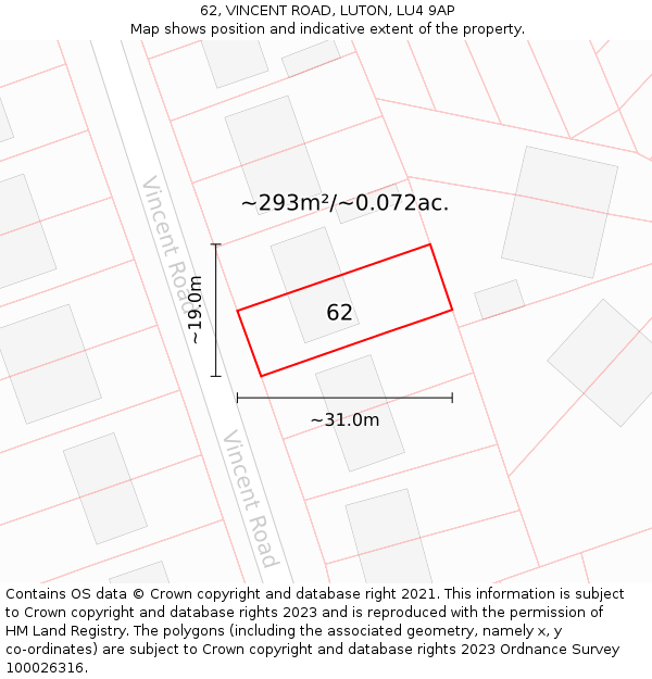 62, VINCENT ROAD, LUTON, LU4 9AP: Plot and title map