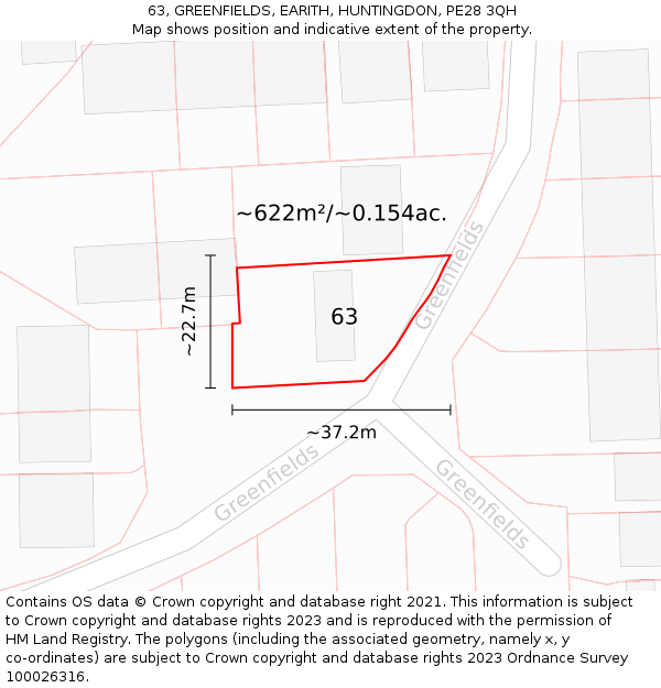 63, GREENFIELDS, EARITH, HUNTINGDON, PE28 3QH: Plot and title map