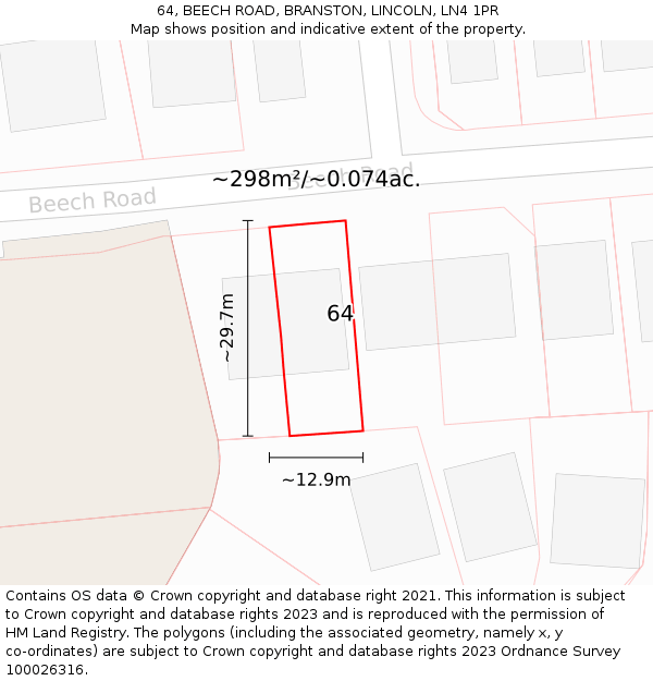 64, BEECH ROAD, BRANSTON, LINCOLN, LN4 1PR: Plot and title map
