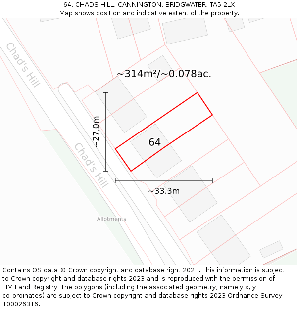 64, CHADS HILL, CANNINGTON, BRIDGWATER, TA5 2LX: Plot and title map