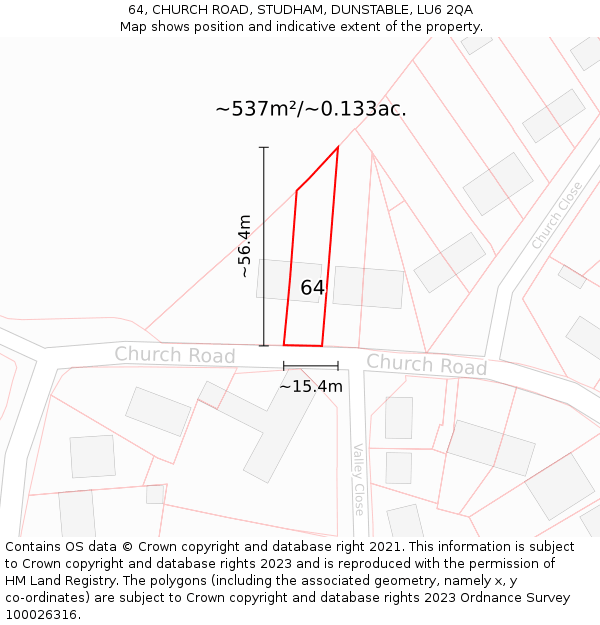 64, CHURCH ROAD, STUDHAM, DUNSTABLE, LU6 2QA: Plot and title map