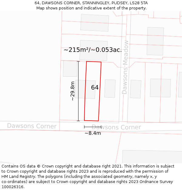 64, DAWSONS CORNER, STANNINGLEY, PUDSEY, LS28 5TA: Plot and title map