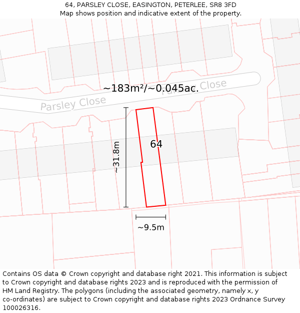 64, PARSLEY CLOSE, EASINGTON, PETERLEE, SR8 3FD: Plot and title map