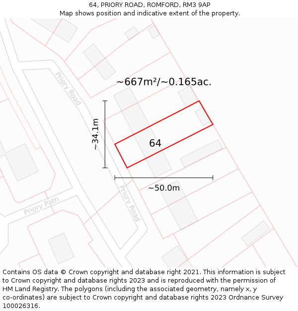64, PRIORY ROAD, ROMFORD, RM3 9AP: Plot and title map
