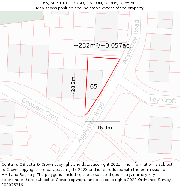 65, APPLETREE ROAD, HATTON, DERBY, DE65 5EF: Plot and title map