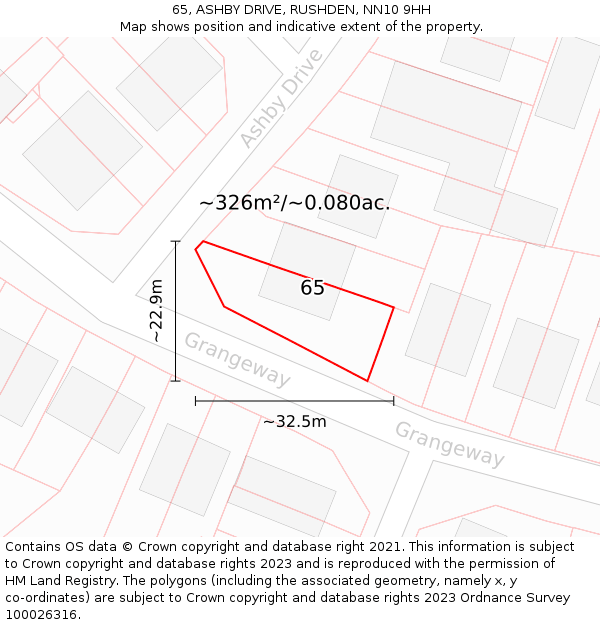 65, ASHBY DRIVE, RUSHDEN, NN10 9HH: Plot and title map