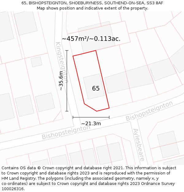 65, BISHOPSTEIGNTON, SHOEBURYNESS, SOUTHEND-ON-SEA, SS3 8AF: Plot and title map