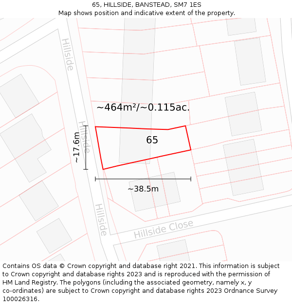 65, HILLSIDE, BANSTEAD, SM7 1ES: Plot and title map