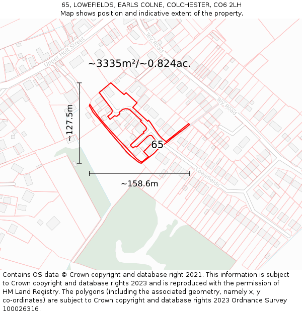 65, LOWEFIELDS, EARLS COLNE, COLCHESTER, CO6 2LH: Plot and title map