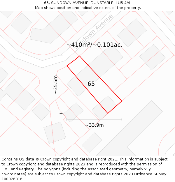 65, SUNDOWN AVENUE, DUNSTABLE, LU5 4AL: Plot and title map