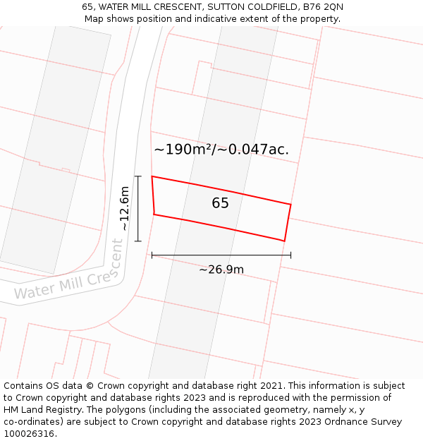 65, WATER MILL CRESCENT, SUTTON COLDFIELD, B76 2QN: Plot and title map