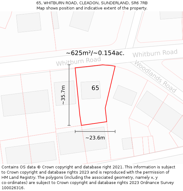 65, WHITBURN ROAD, CLEADON, SUNDERLAND, SR6 7RB: Plot and title map