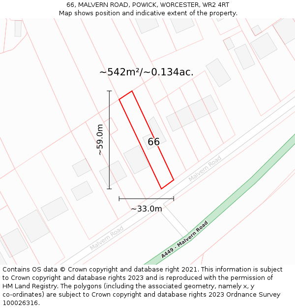 66, MALVERN ROAD, POWICK, WORCESTER, WR2 4RT: Plot and title map
