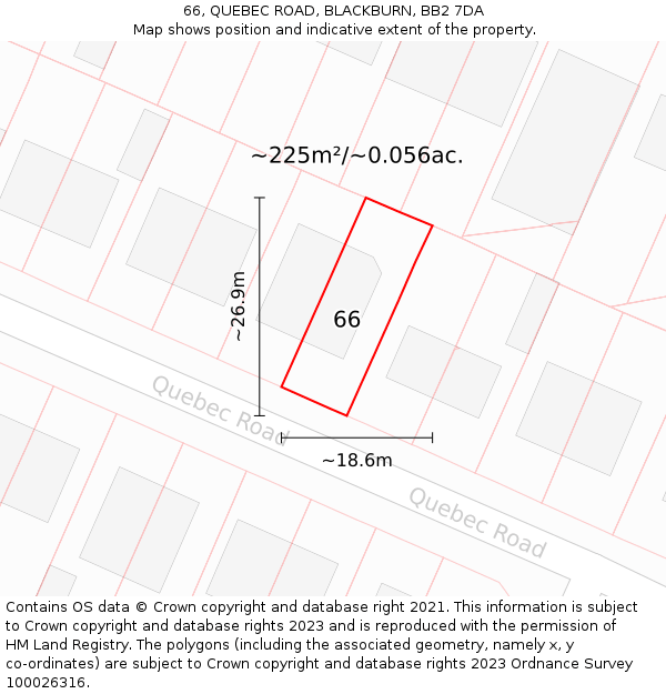 66, QUEBEC ROAD, BLACKBURN, BB2 7DA: Plot and title map