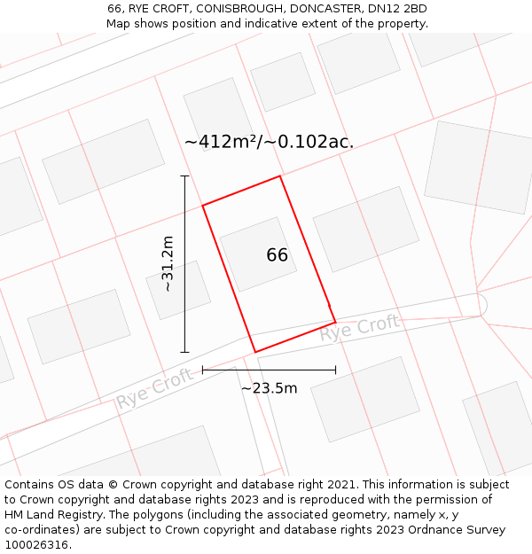 66, RYE CROFT, CONISBROUGH, DONCASTER, DN12 2BD: Plot and title map