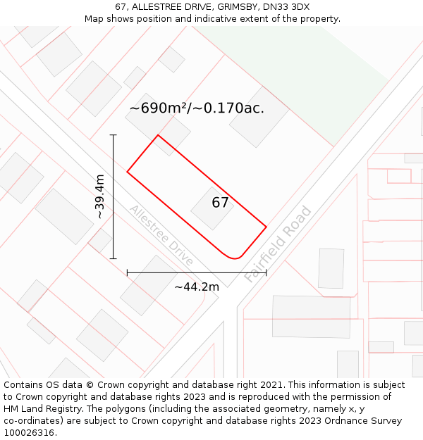 67, ALLESTREE DRIVE, GRIMSBY, DN33 3DX: Plot and title map