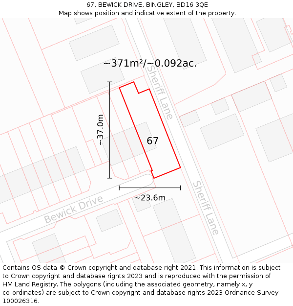 67, BEWICK DRIVE, BINGLEY, BD16 3QE: Plot and title map