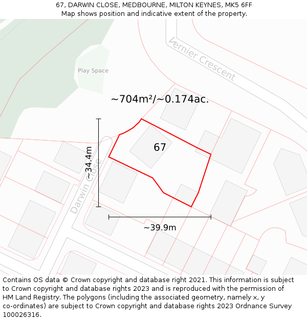 67, DARWIN CLOSE, MEDBOURNE, MILTON KEYNES, MK5 6FF: Plot and title map