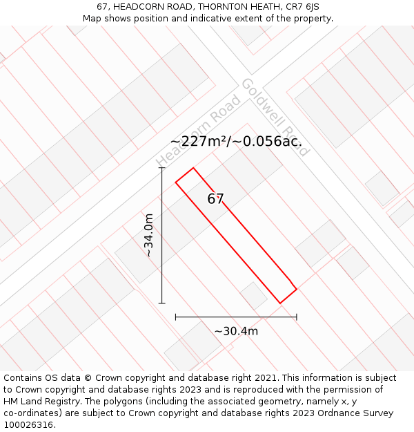 67, HEADCORN ROAD, THORNTON HEATH, CR7 6JS: Plot and title map