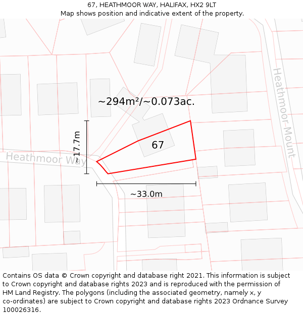 67, HEATHMOOR WAY, HALIFAX, HX2 9LT: Plot and title map