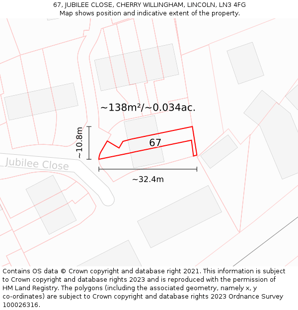 67, JUBILEE CLOSE, CHERRY WILLINGHAM, LINCOLN, LN3 4FG: Plot and title map