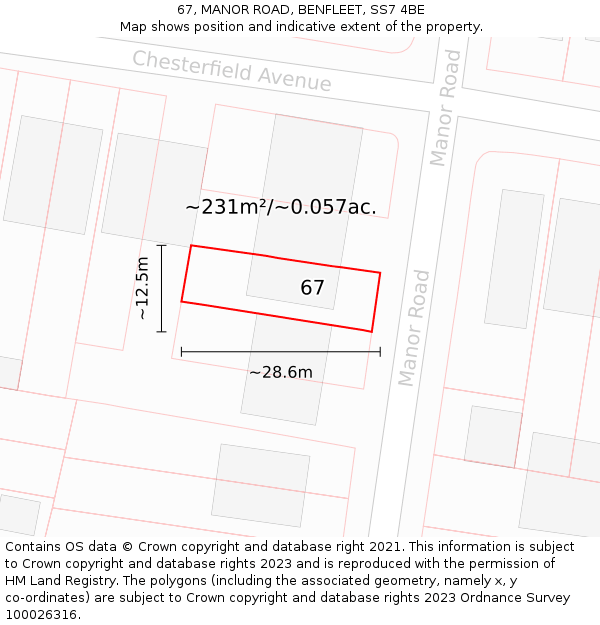 67, MANOR ROAD, BENFLEET, SS7 4BE: Plot and title map