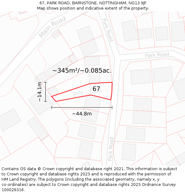 67, PARK ROAD, BARNSTONE, NOTTINGHAM, NG13 9JF: Plot and title map