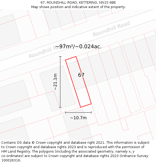 67, ROUNDHILL ROAD, KETTERING, NN15 6BE: Plot and title map