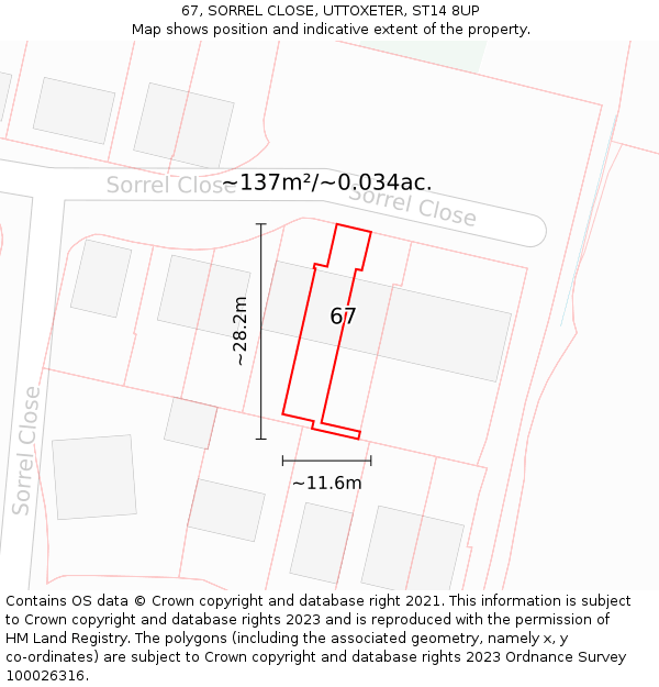 67, SORREL CLOSE, UTTOXETER, ST14 8UP: Plot and title map