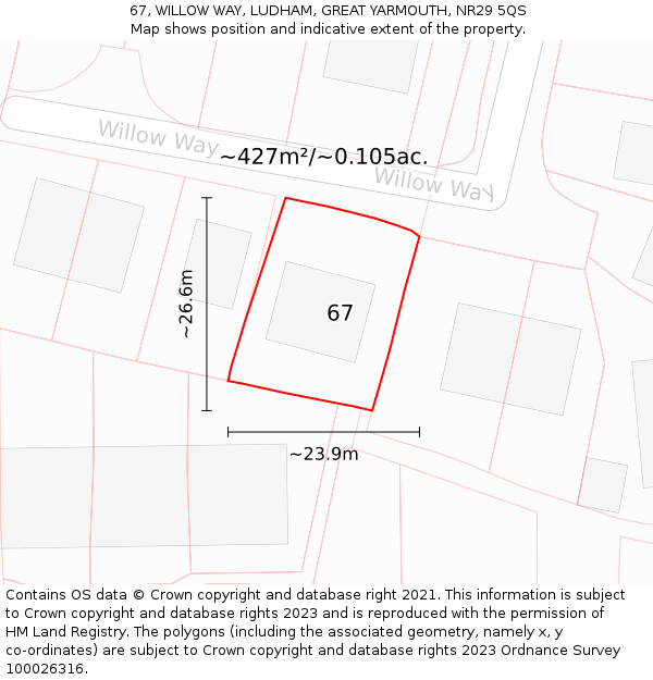 67, WILLOW WAY, LUDHAM, GREAT YARMOUTH, NR29 5QS: Plot and title map