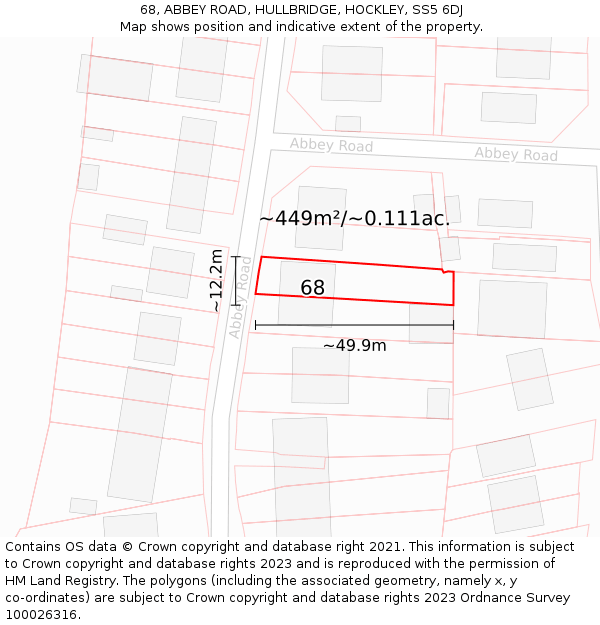 68, ABBEY ROAD, HULLBRIDGE, HOCKLEY, SS5 6DJ: Plot and title map