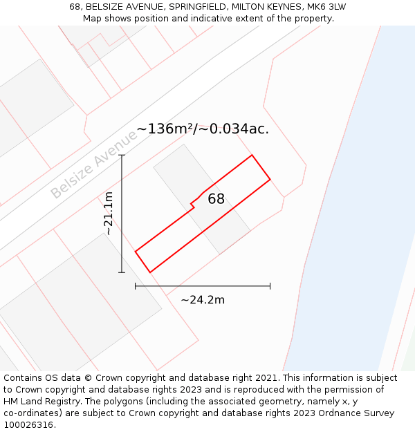 68, BELSIZE AVENUE, SPRINGFIELD, MILTON KEYNES, MK6 3LW: Plot and title map