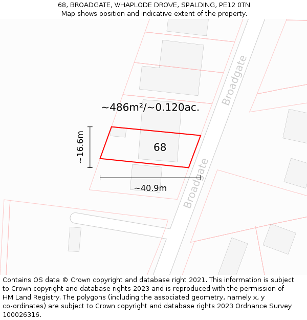 68, BROADGATE, WHAPLODE DROVE, SPALDING, PE12 0TN: Plot and title map