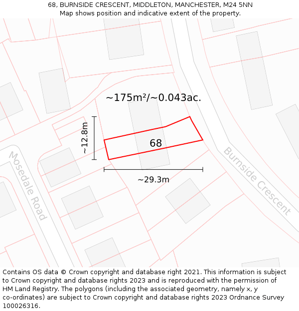 68, BURNSIDE CRESCENT, MIDDLETON, MANCHESTER, M24 5NN: Plot and title map