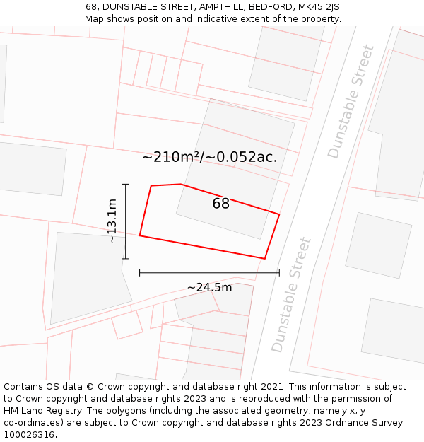68, DUNSTABLE STREET, AMPTHILL, BEDFORD, MK45 2JS: Plot and title map
