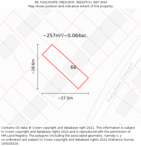 68, FOXLYDIATE CRESCENT, REDDITCH, B97 6NH: Plot and title map