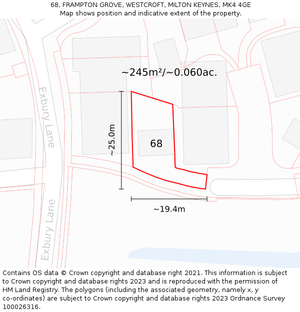 68, FRAMPTON GROVE, WESTCROFT, MILTON KEYNES, MK4 4GE: Plot and title map