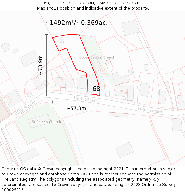 68, HIGH STREET, COTON, CAMBRIDGE, CB23 7PL: Plot and title map